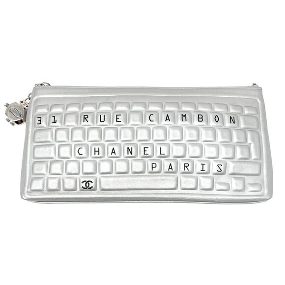 Chanel Spring 2017 Rue Cambon Silver Keyboard Clutch with Robot Charm